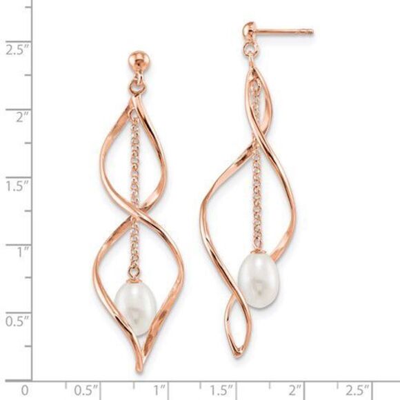 Sterling silver rose tone dangle teardrop earrings with pearls - Picture 3 of 4